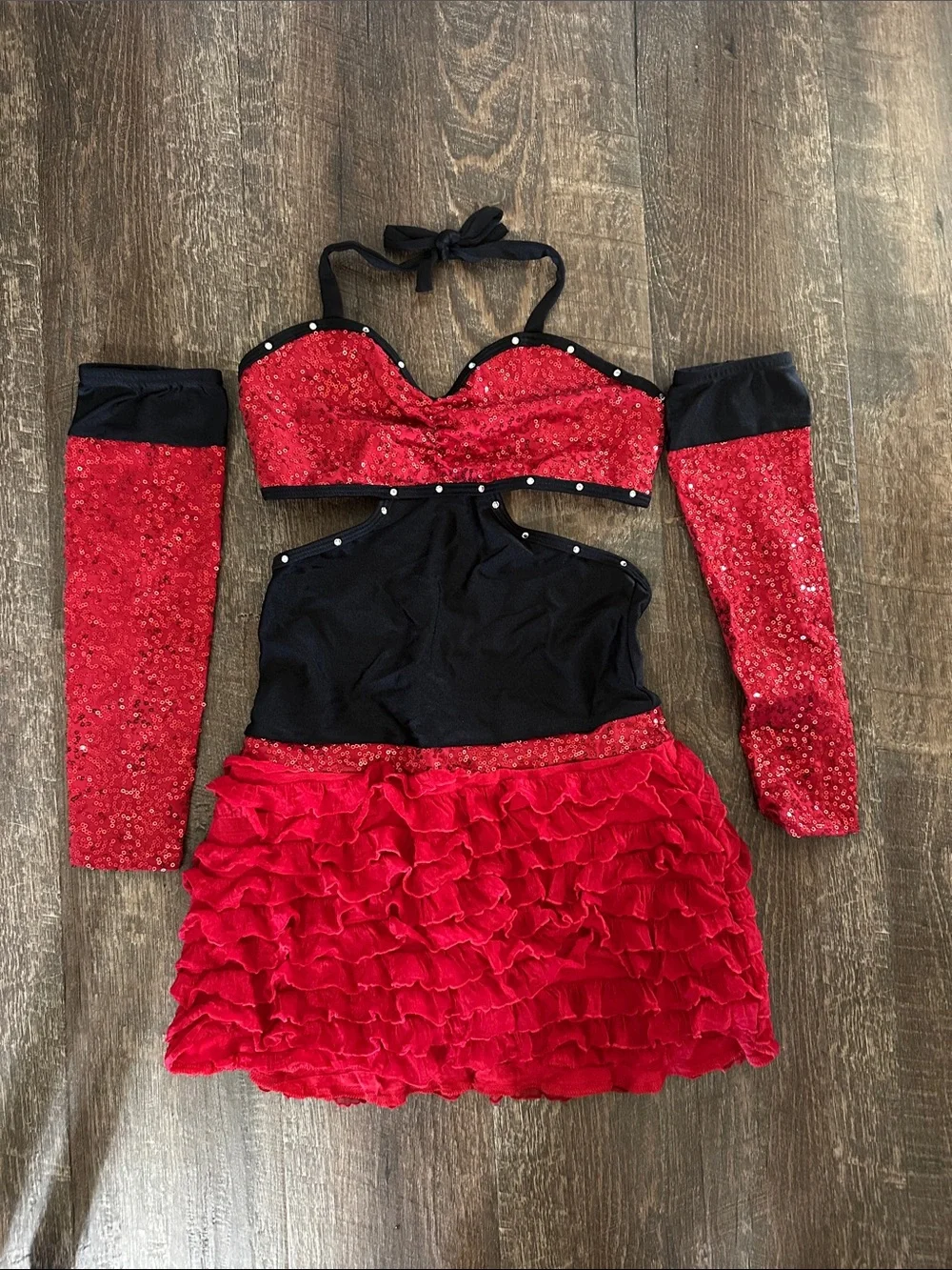 Competition Dance Red & Black Sequin & Ruffle Dance Costume youth large (YL)